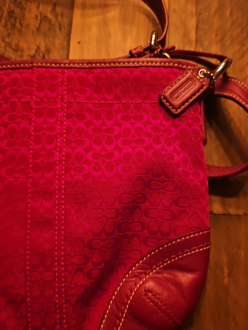 Coach Red Signature Canvas Shoulder Bag with Leather Trim